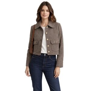 Bagatelle Cropped Houndstooth Jacket Gold Button Equestrian Blazer Size Small